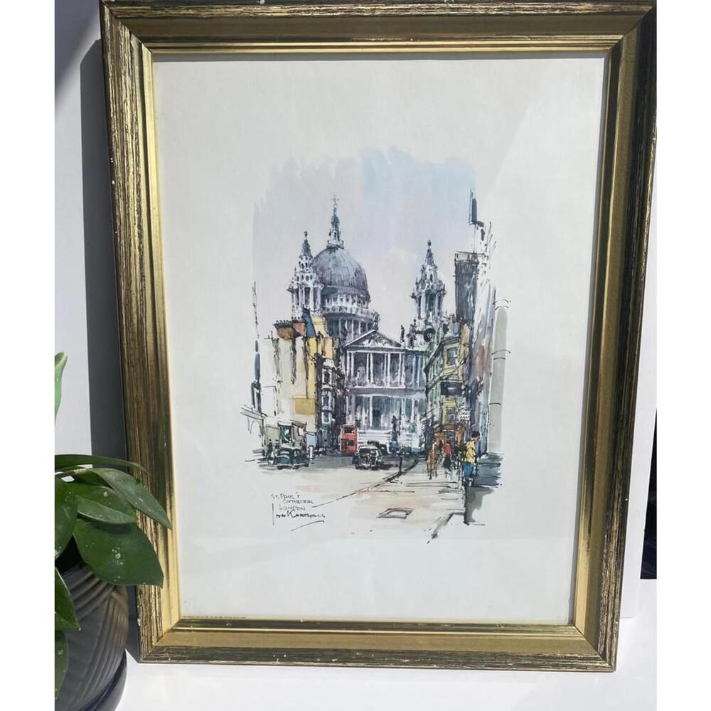 1964 Vintage Art Print Gold Frame London Scene Art Print Contemporary Watercolor